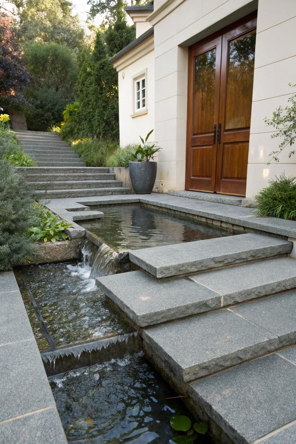 Water features bring peace to granite steps.