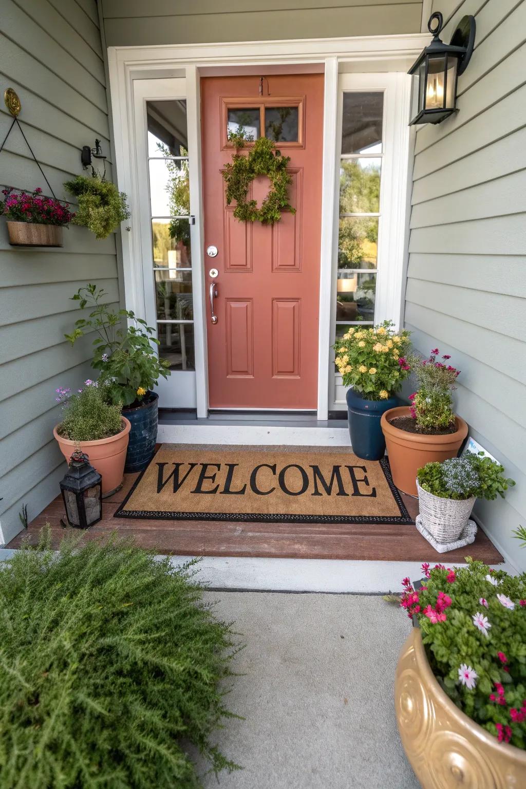 A doormat showing a welcoming phrase at the main door.