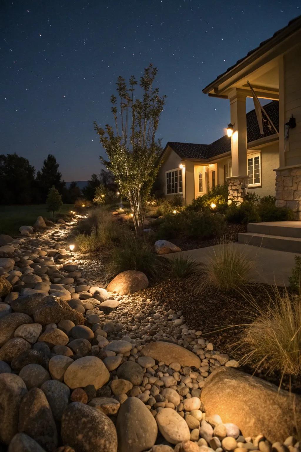 Lighting enhances stone landscapes after dark.