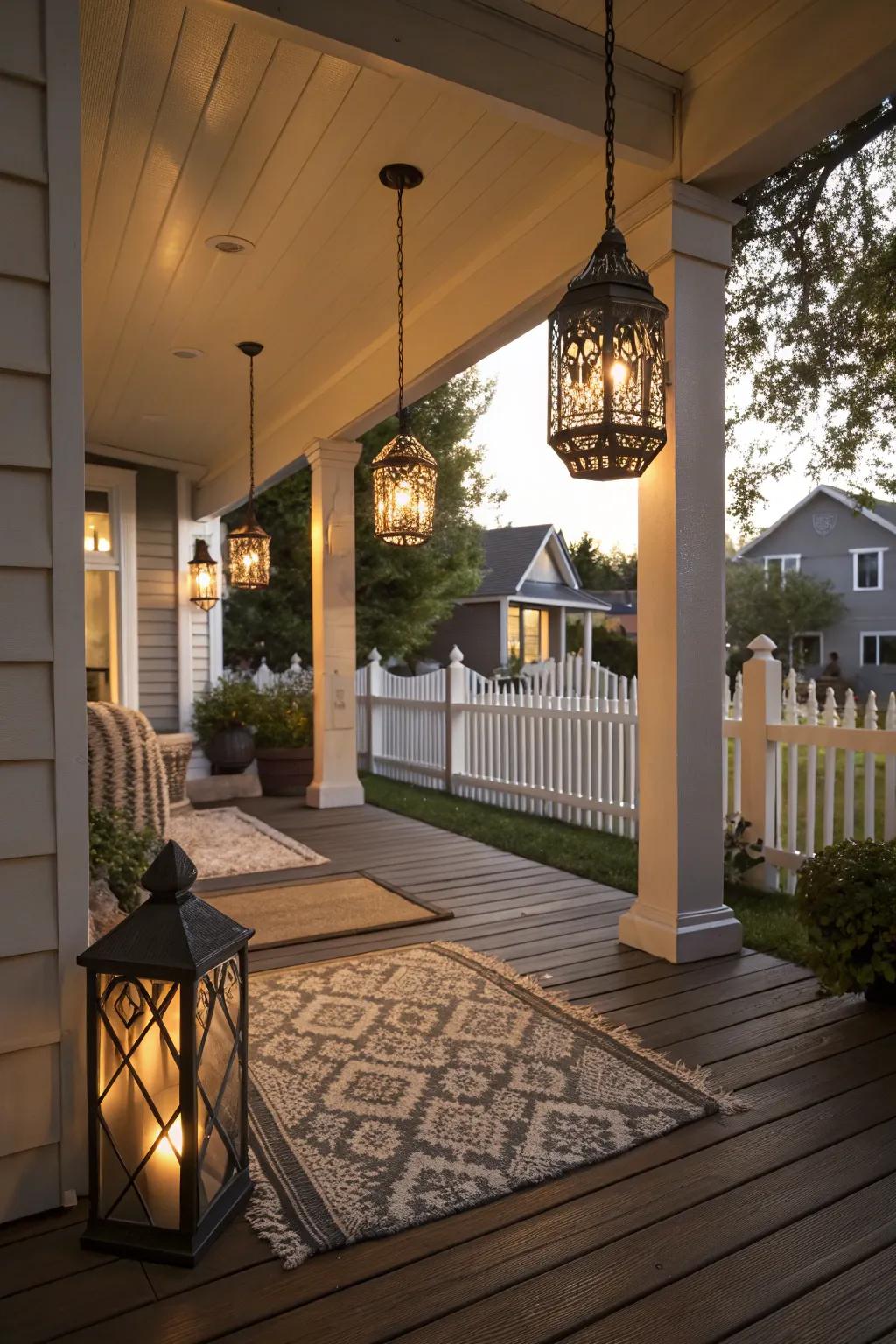 Ambient radiant elements produce a magical nighttime ambiance across the porch.
