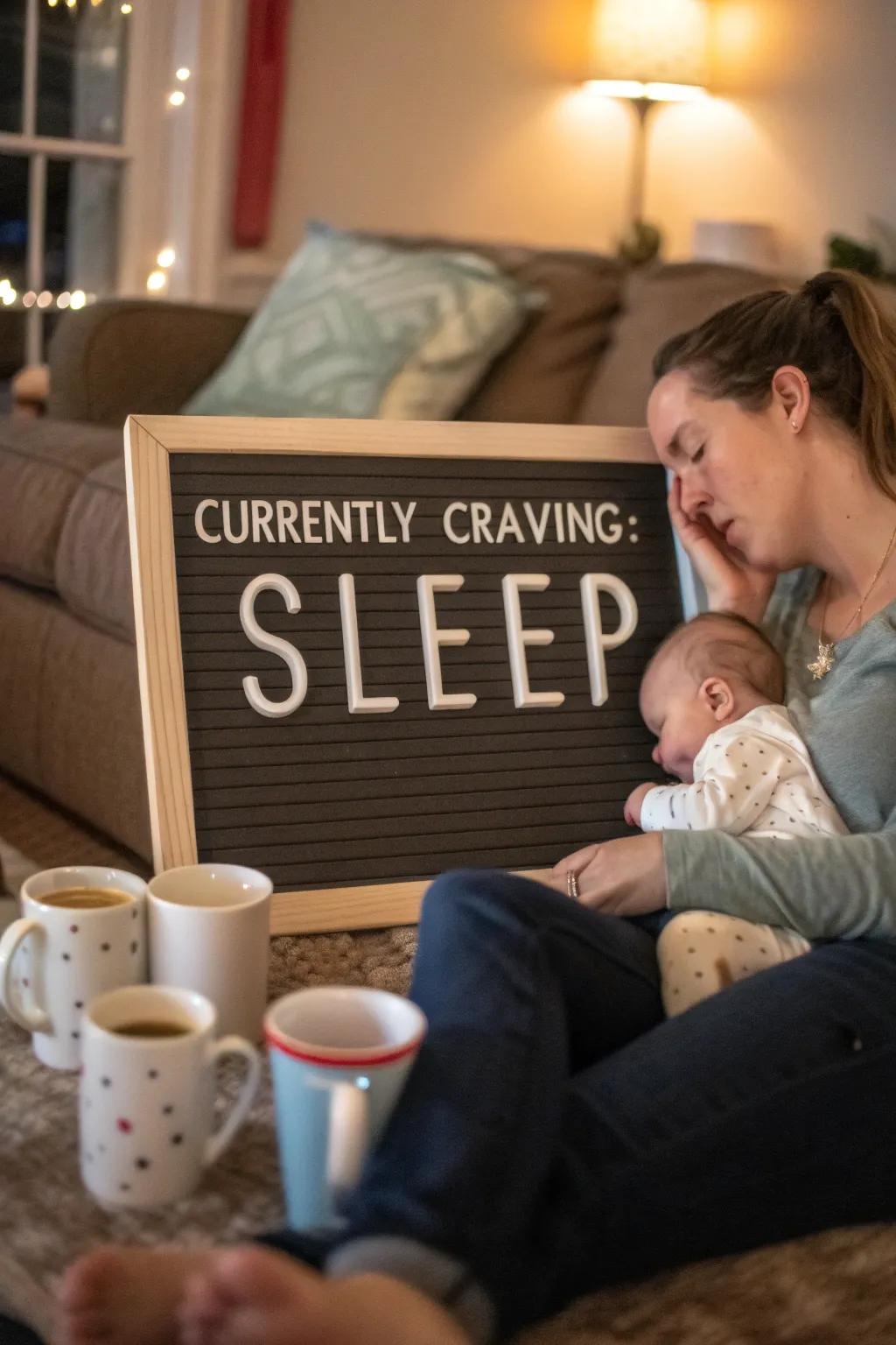 A funny shoutout to the constant need for sleep of new parents.