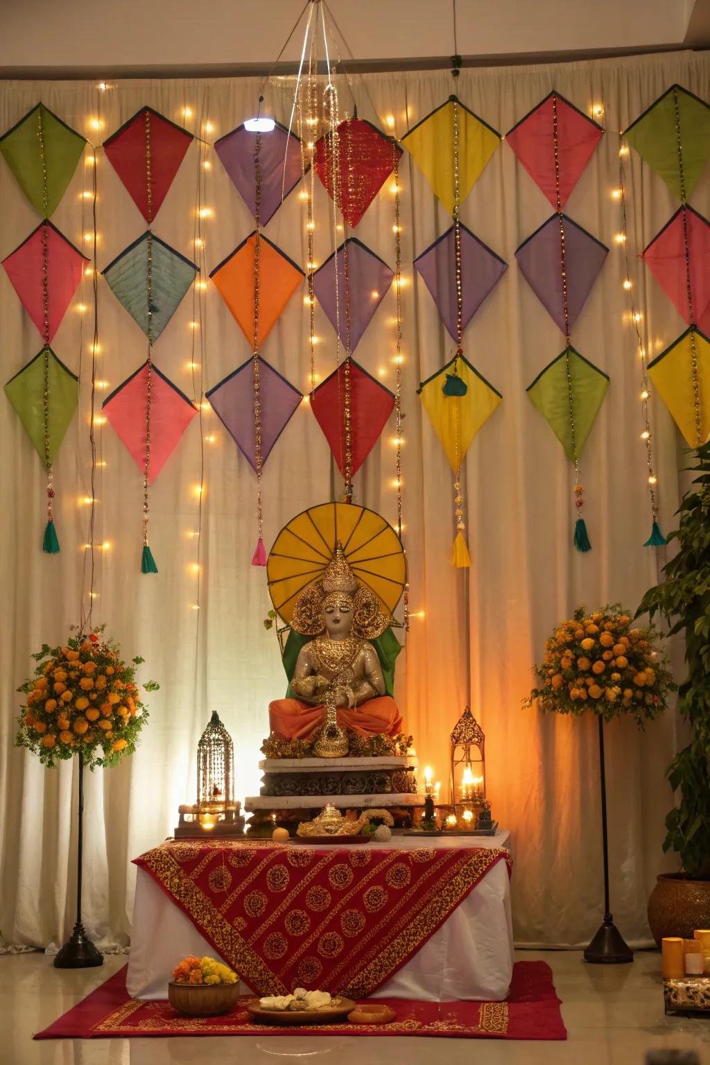 Gliders crafting a playful and vibrant backing for Ganpati.