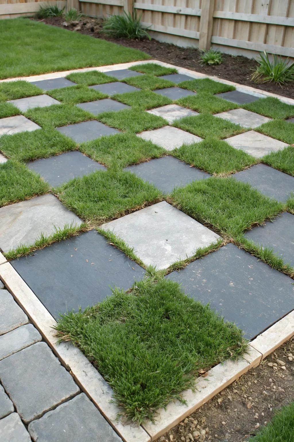 Incorporate a whimsical twist to your garden with a checkered motif utilizing stone fragments.