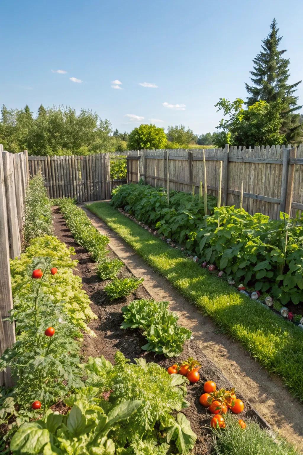 A traditional vegetable garden with neatly organized rows.