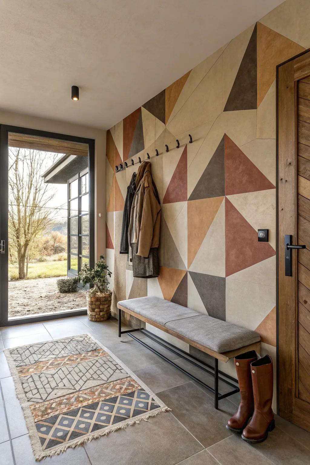 An entryway showcasing unique asymmetrical geometric wall patterns.