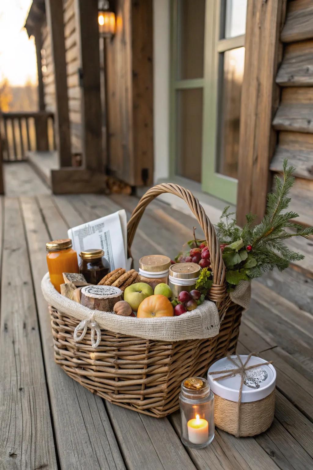 A country-themed gift basket presenting natural components.