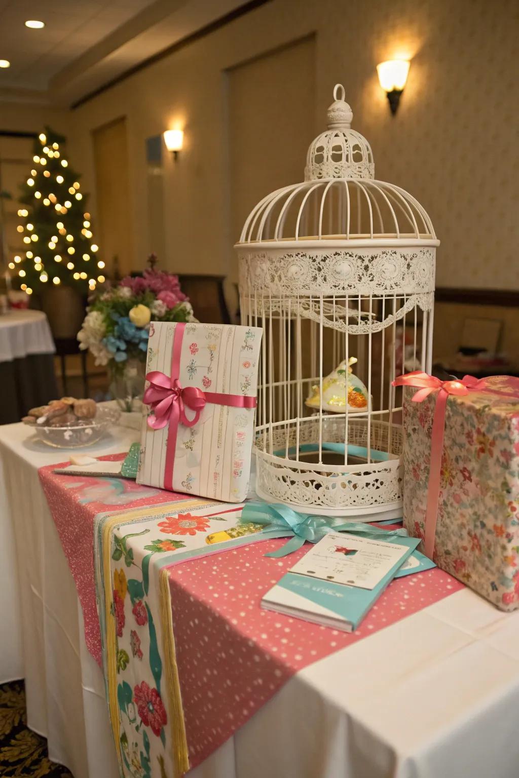 Add quirkiness to your present setting using a captivating bird enclosure for cards.