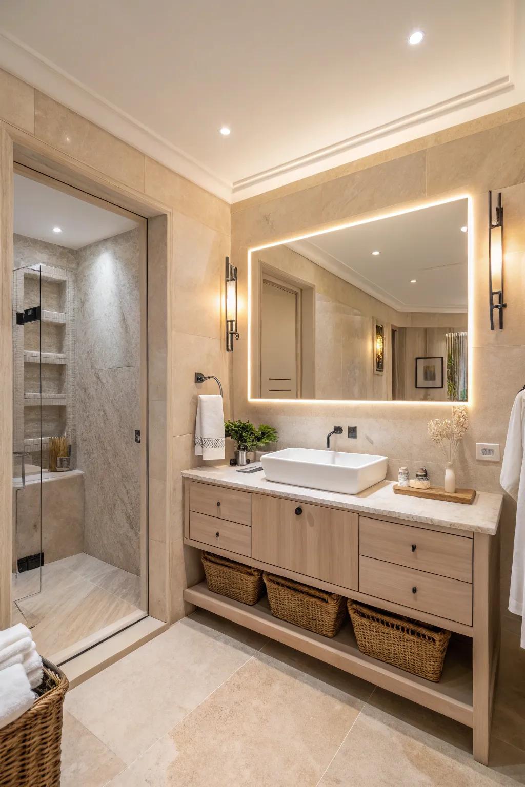 A serene bathroom showcases neutral color tones and soft lighting.