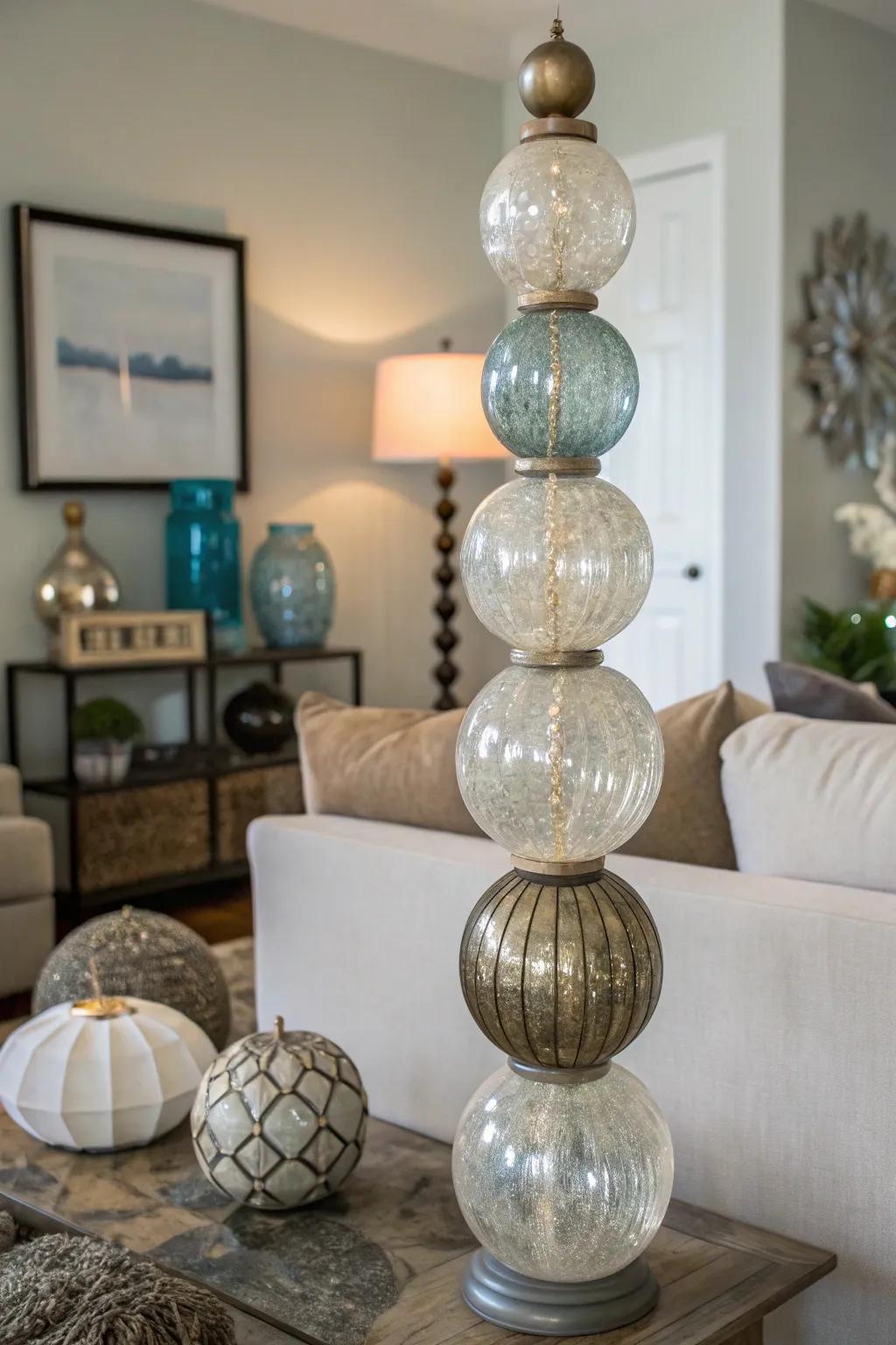 Fashion a lively sculpture using piled glass orbs.