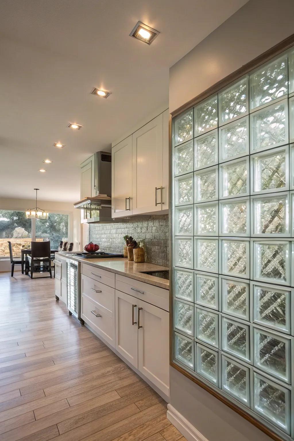 A culinary space showcasing a fashionable and radiant transparent cube backsplash.
