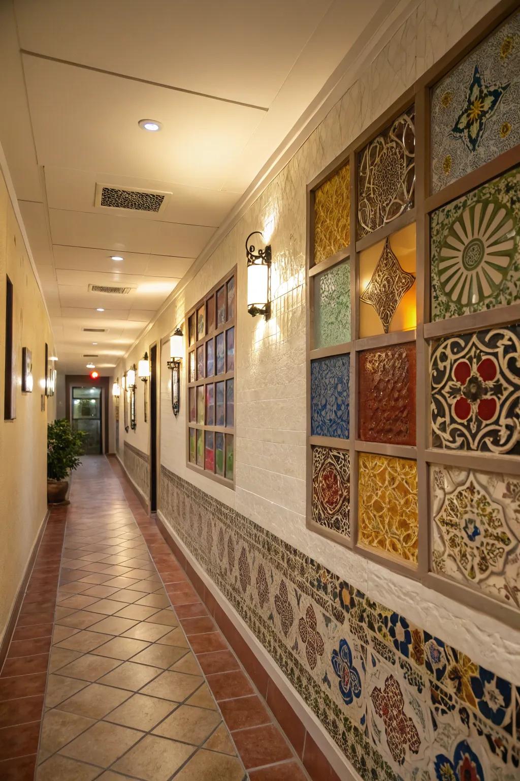 Ornamental inlays featuring glass tiles establish unexpected visual intrigue.