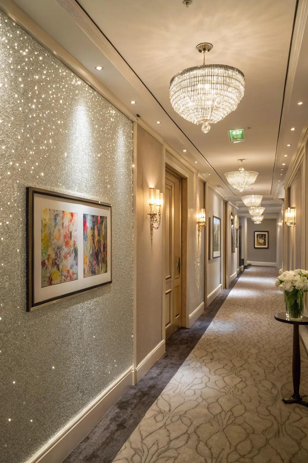 A <strong><em>glitter accent wall</em></strong> highlights a hallway.” loading=”lazy” class=”pimg”>
	</picture><figcaption>A <strong><em>glitter accent wall</em></strong> highlights a hallway.</figcaption></figure>
<p>Change a bland corridor into a highlight in your home by using a <strong><em>glitter accent wall</em></strong>. It’s an unusual feature that can deepen the appeal of a forgotten place.</p>
<h3>A few relevant products:</h3>
<ul class=