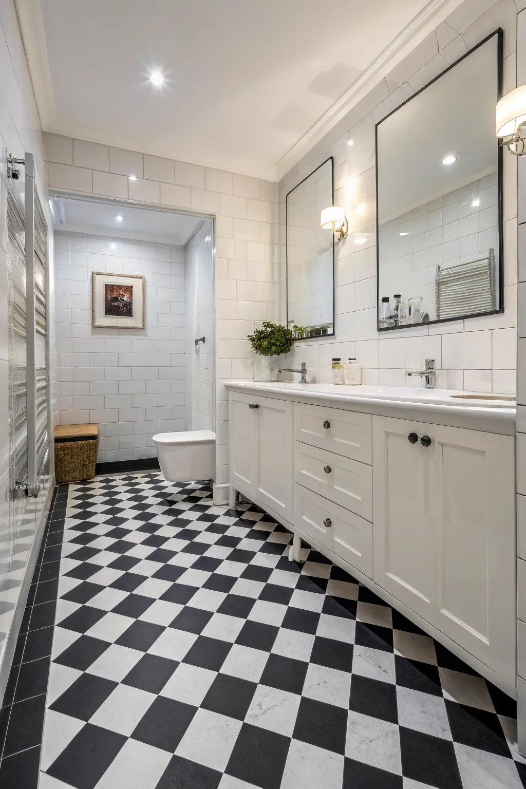 Daring floor finish make a striking statement in this gothic bathroom.
