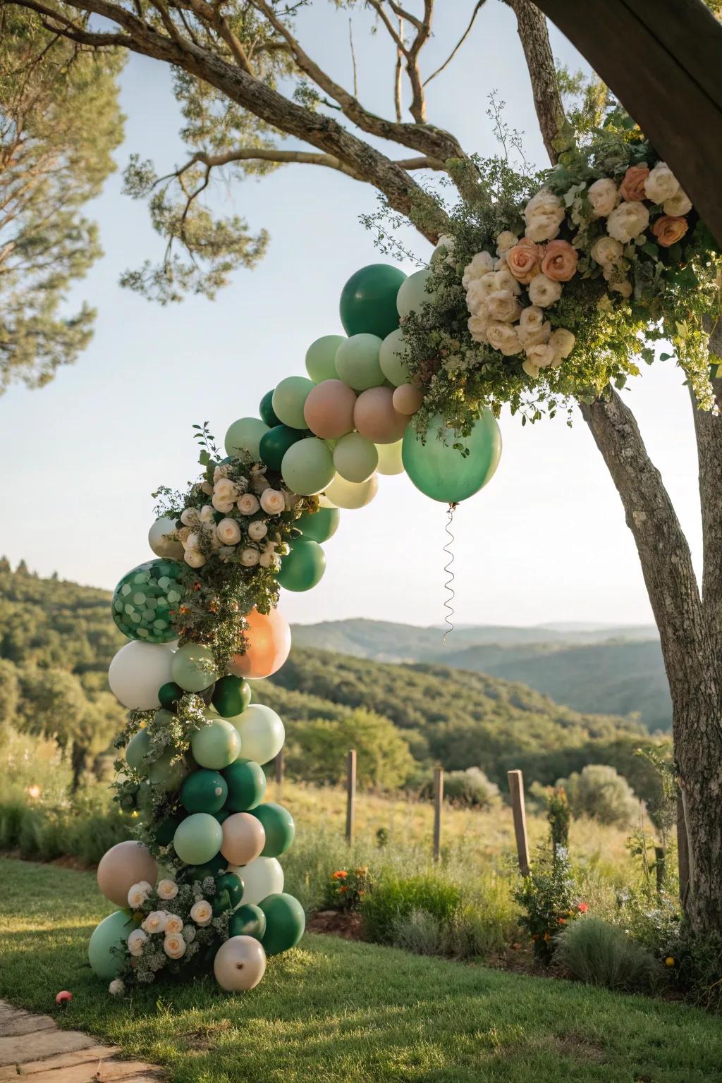 Thoughtful earth-friendly balloon garland featuring natural colors.
