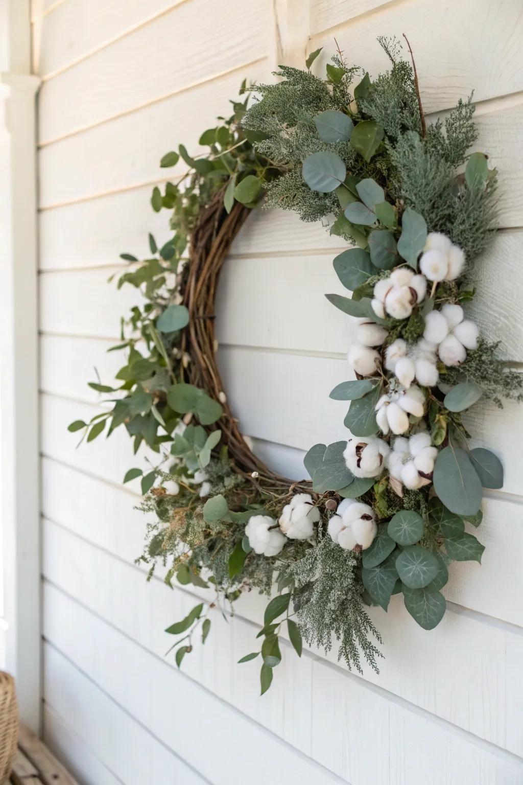 A farmstead-style natural fiber wreath featuring fiber tufts.