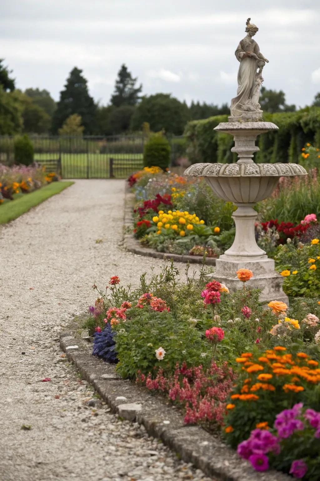 An artistic statue adding character to a stone-covered garden