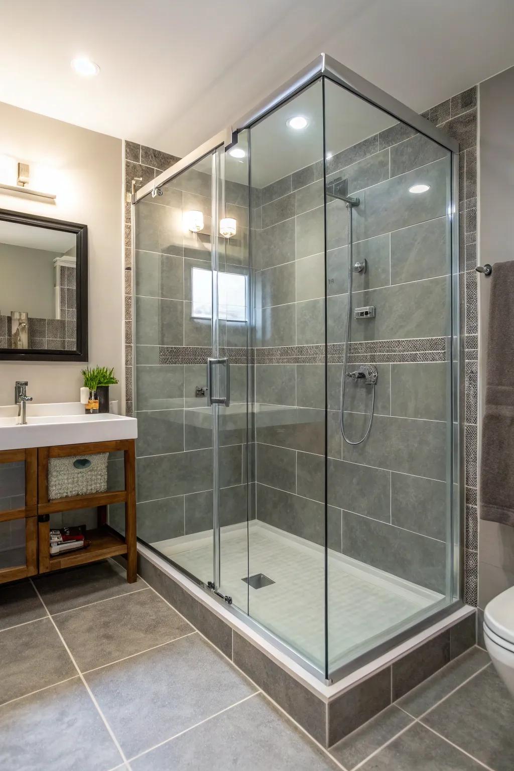 Borderless glass showers maintain the space's open and ethereal feel.