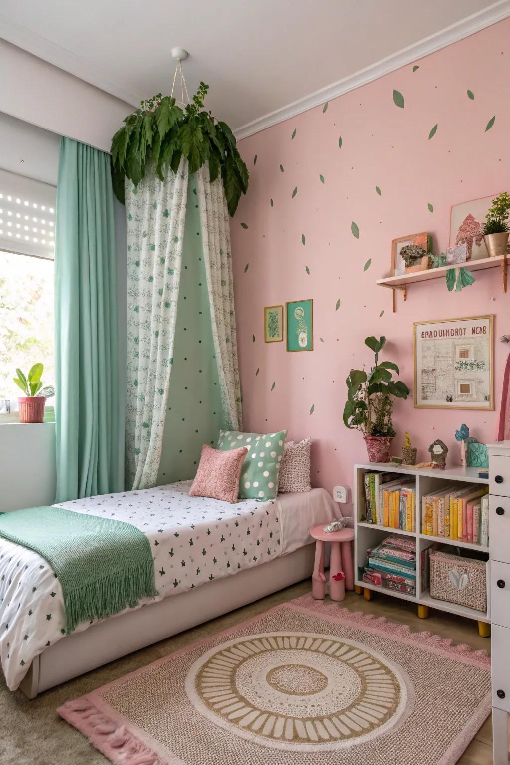 Quirky rosy walls matched with verdant decor conjure a dreamy vibe.