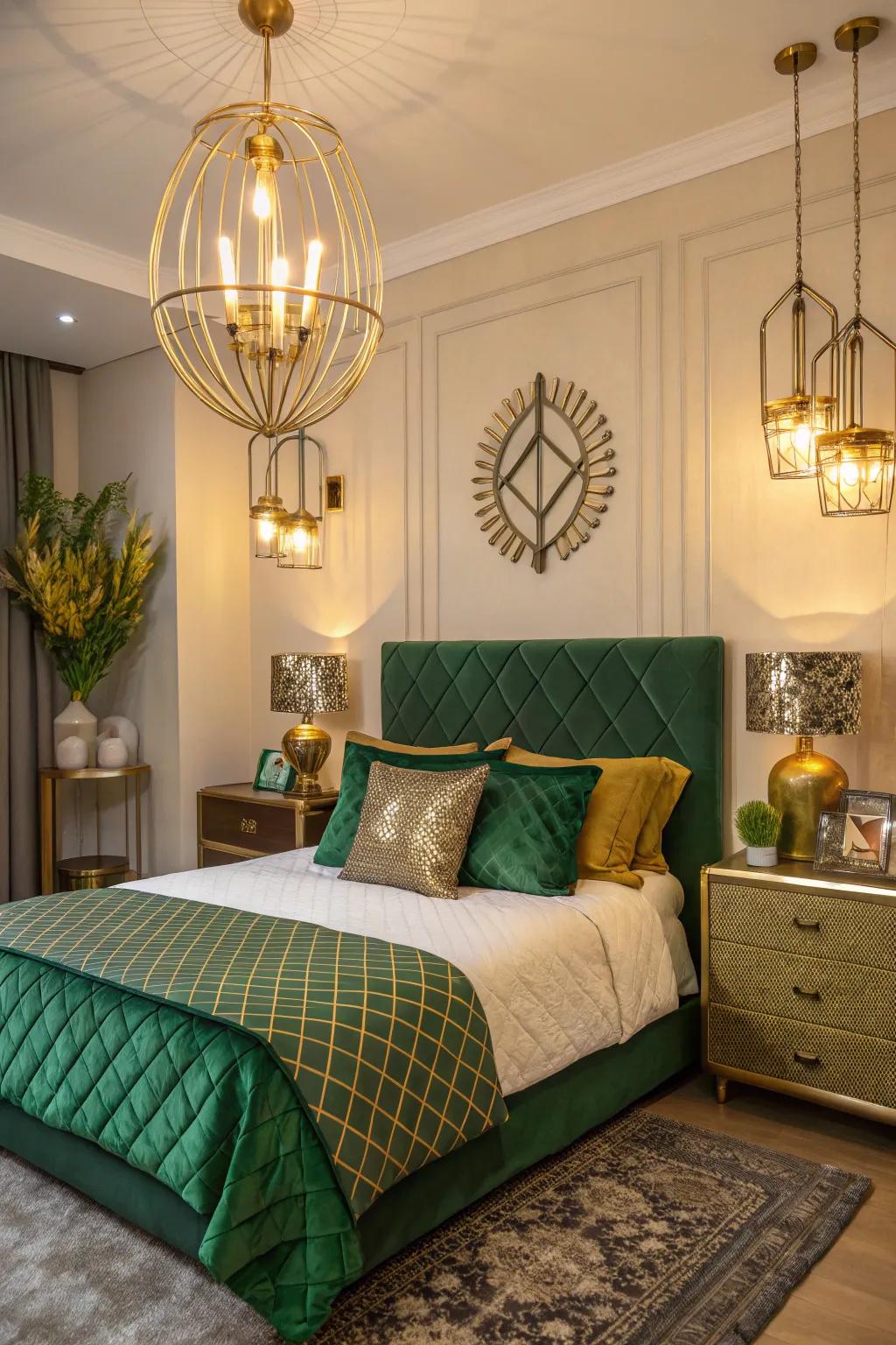 Green and metallic highlights come together for a lush and stylish bedroom.