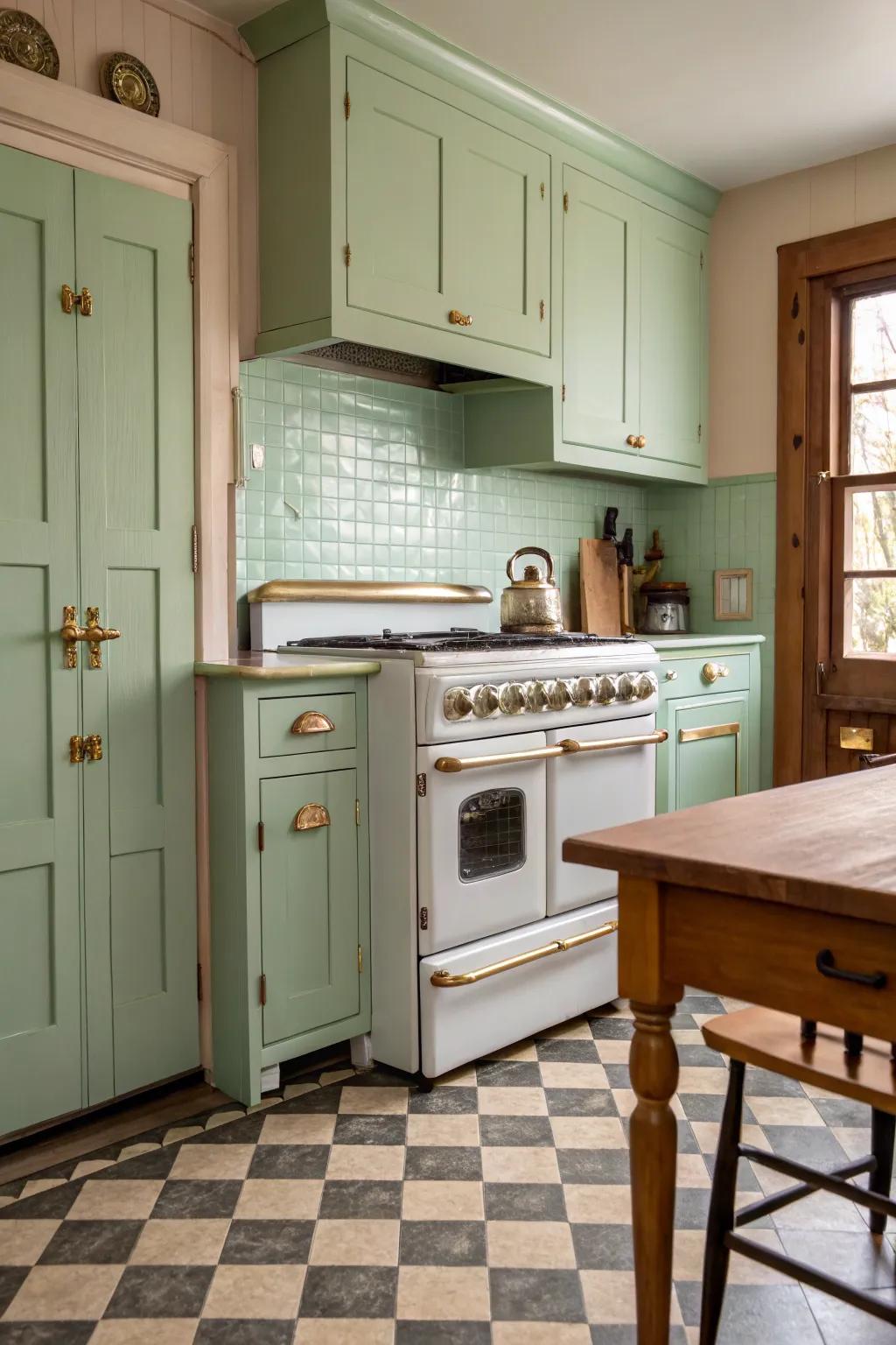 Charming culinary space with retro vibes and soft green cabinets.