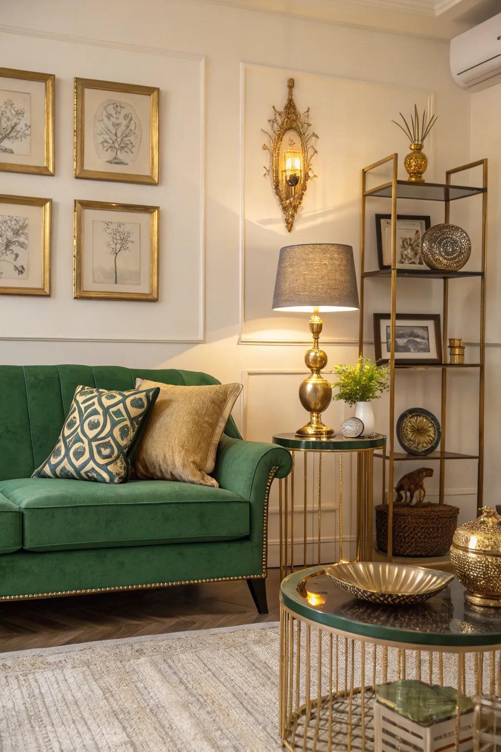 Metallic accents inject a hint of sophistication and extravagance to an emerald sofa setting.