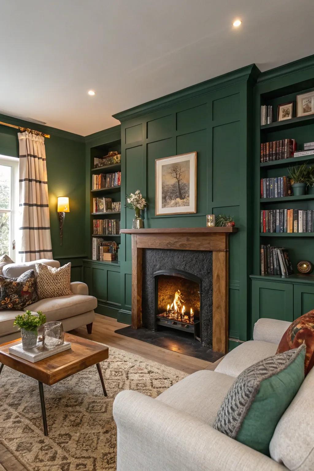 A dramatic living room showcasing a forest green accent wall that beautifully complements the fireplace.