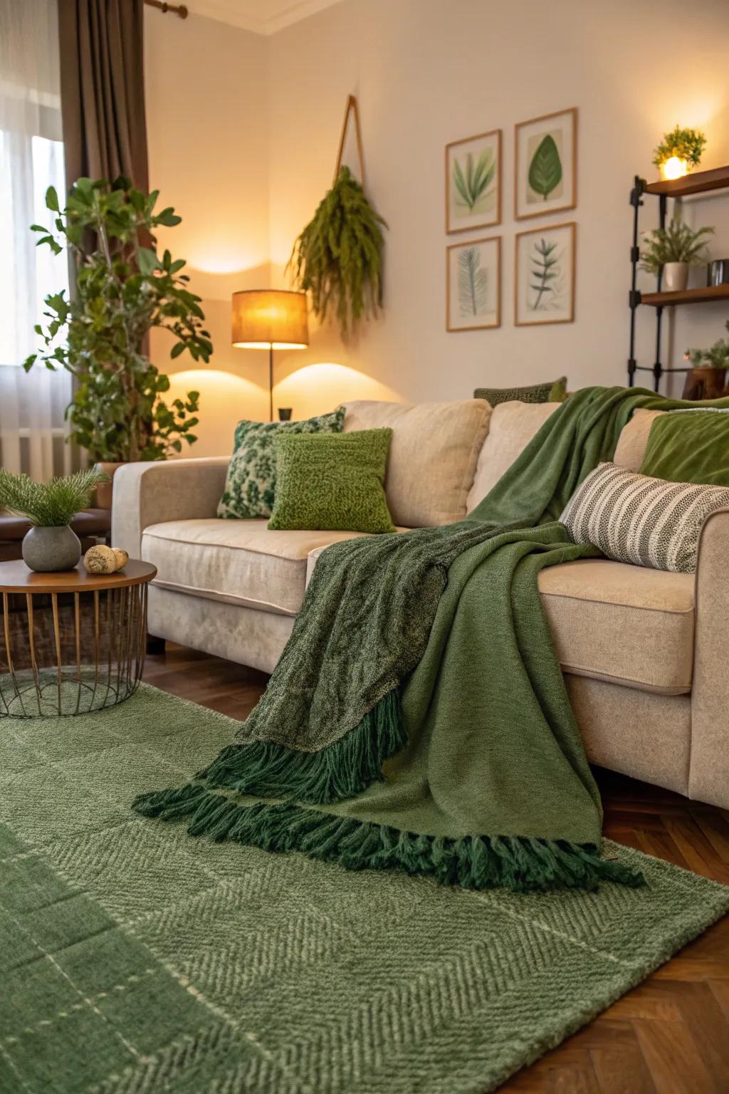 Layering green fabrics adds warmth and dimension to your space.