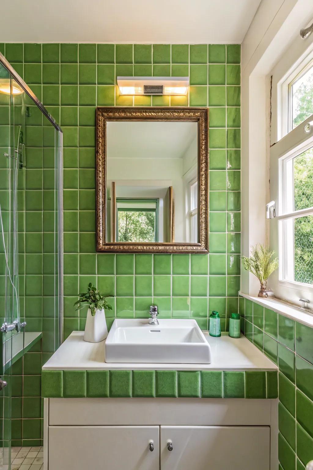 The framed mirrors in <strong><em>green</em></strong> tiles give artistic flair.” loading=”lazy” class=”pimg”>
	</picture><figcaption>The framed mirrors in <strong><em>green</em></strong> tiles give artistic flair.</figcaption></figure>
<p>To produce a cohesive design, frame your mirrors with <strong><em>green</em></strong> tiles. This method, which I like to include into eclectic designs, can serve as both a useful element and a piece of art.</p>
<h3>Possibly helpful picks:</h3>
<ul class=