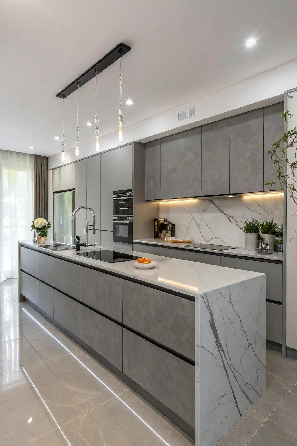 A cooking area featuring sophisticated cascade perimeter grey surfaces.