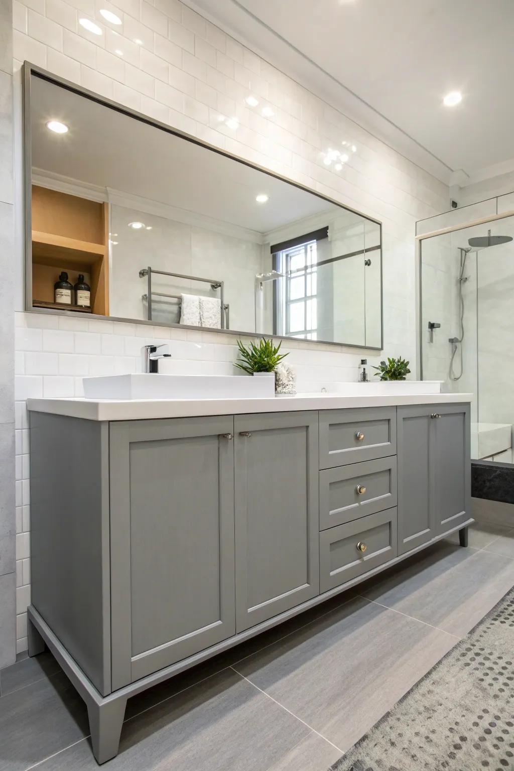 Buoyant washstands create an impression of area in compressed restrooms.