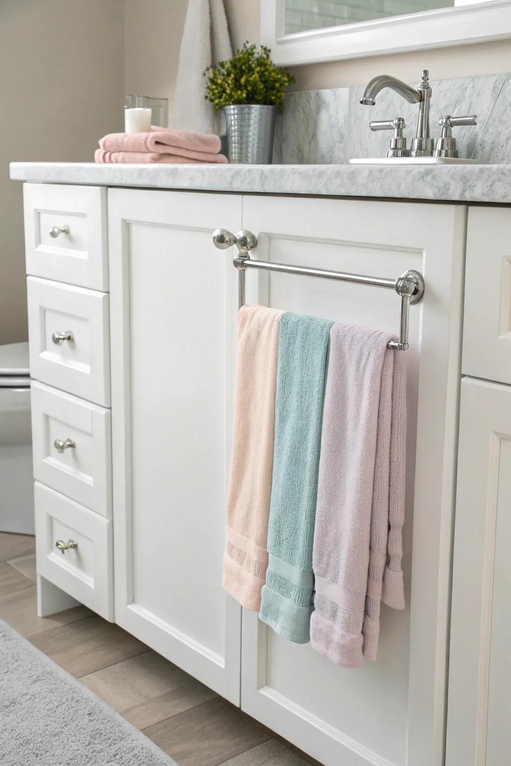 Optimize space with over-the-cabinet door towel racks.