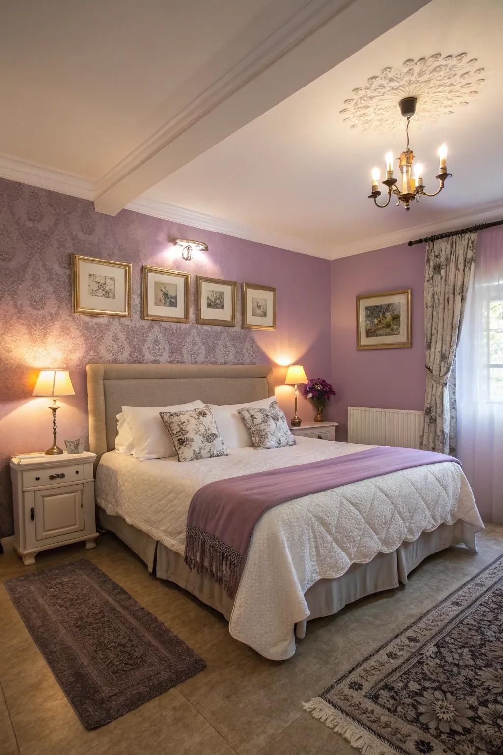 A calming guest room featuring soothing lavender tones.
