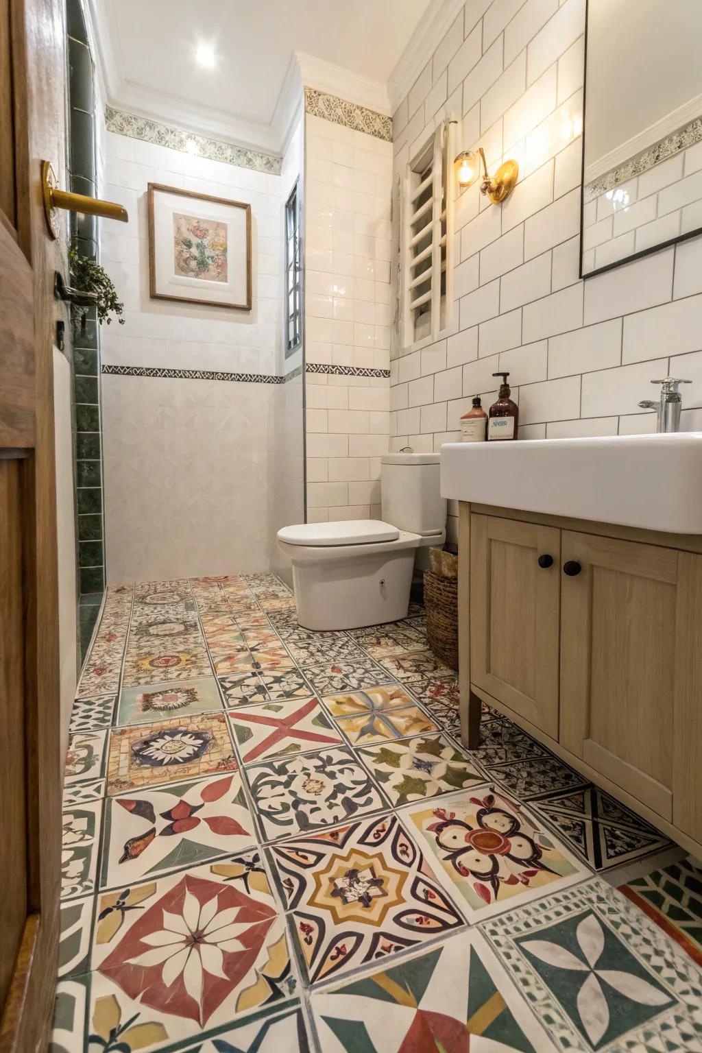 Geometric tiles add a contemporary touch to your powder room's flooring.
