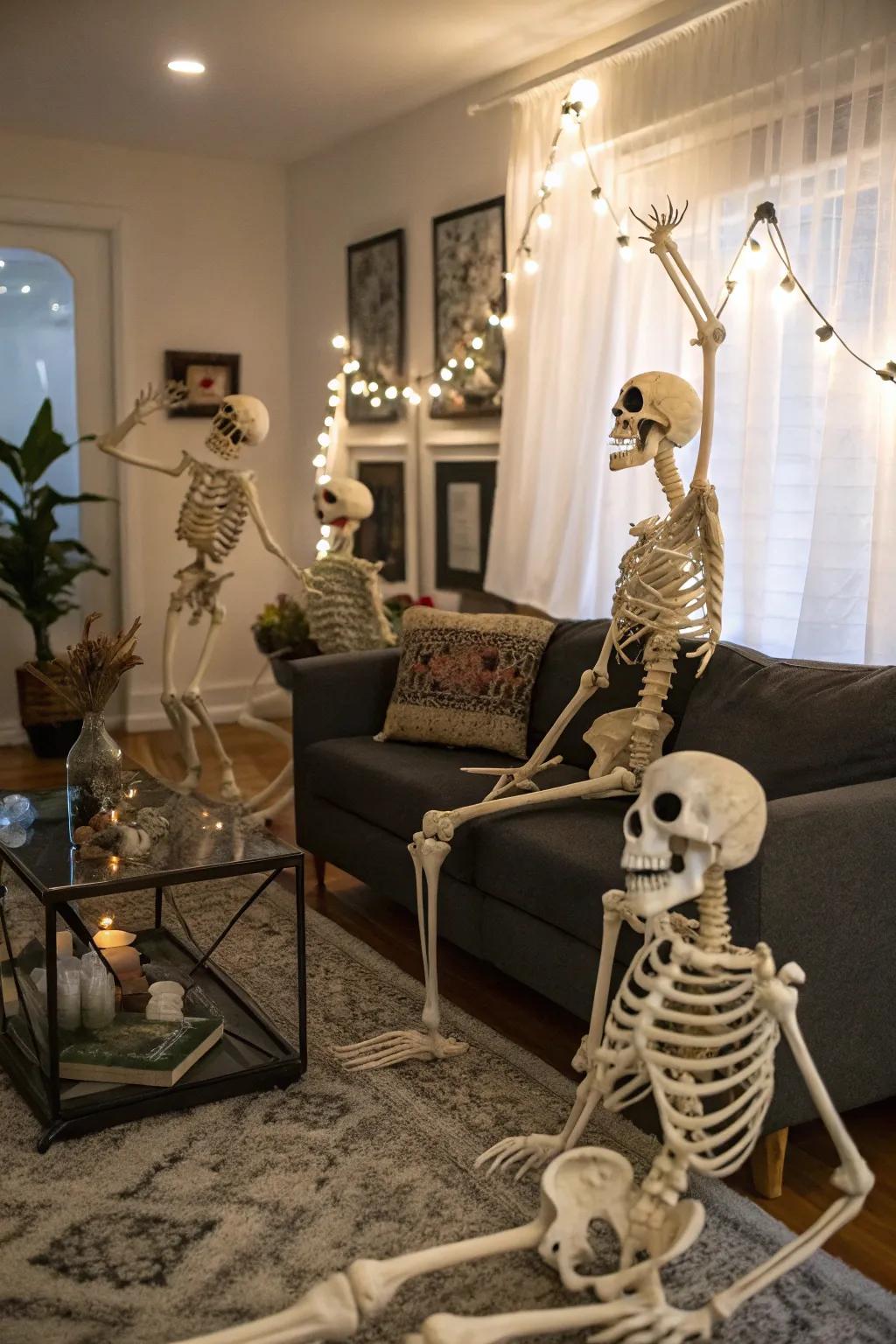 Comical skeletons append an amusing highlight to the Halloween ornamentation
