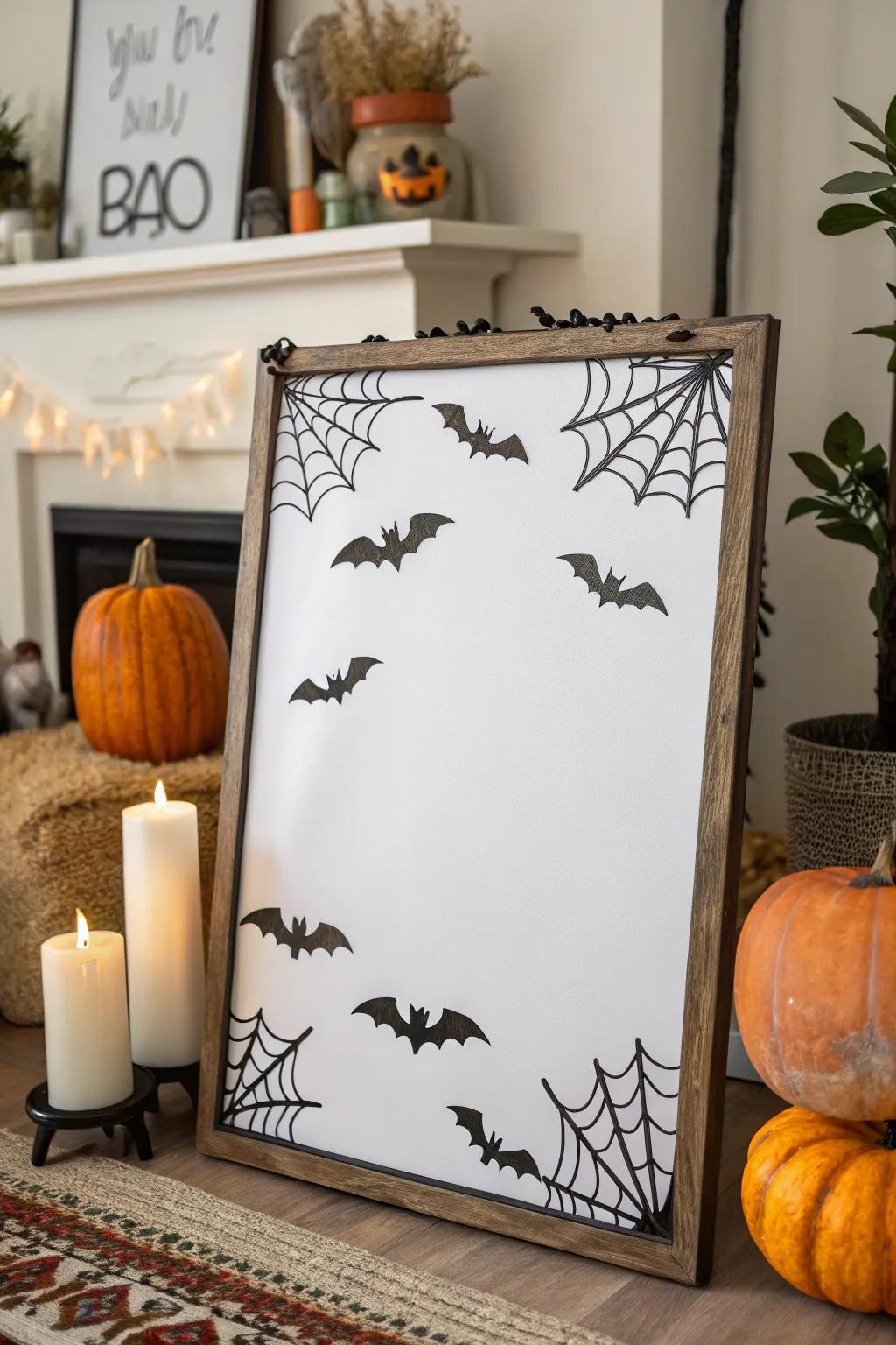 A lively batty border featured on a Halloween whiteboard.
