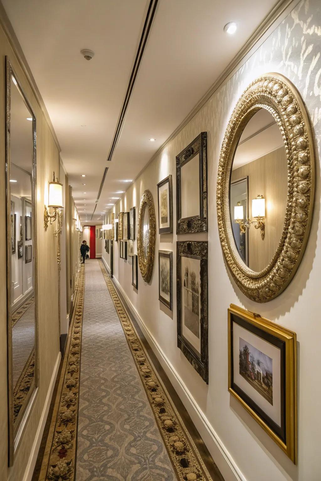 Looking glasses contribute light and dimension, doubling as artistic components.