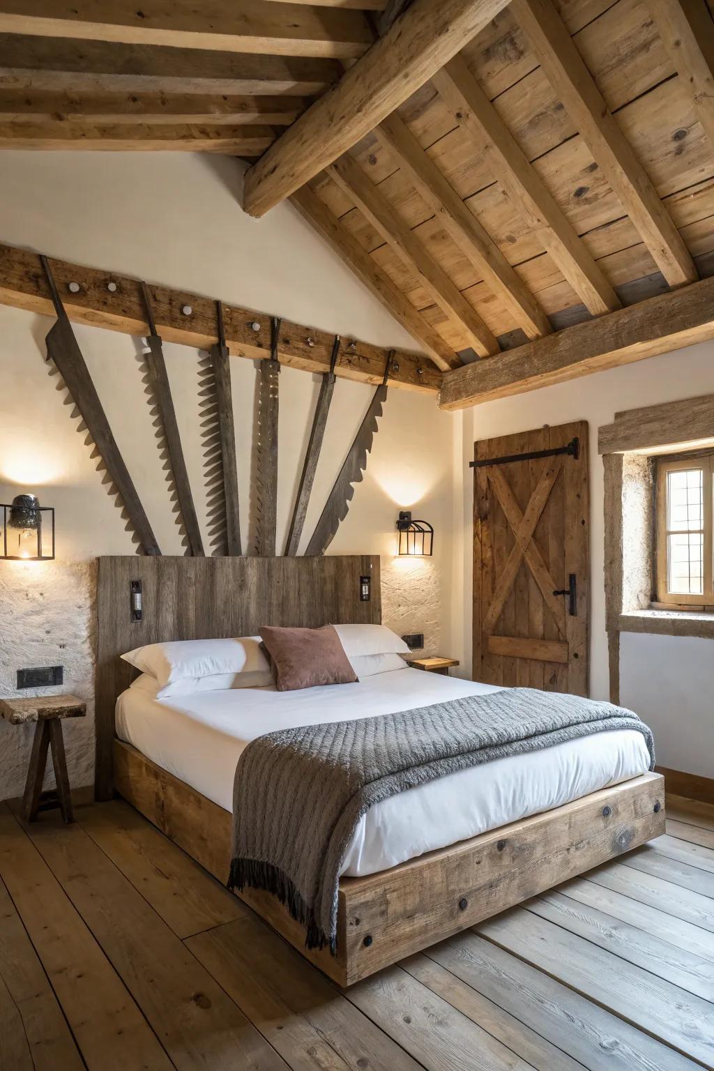A distinctive bedhead created from vintage handsaws.