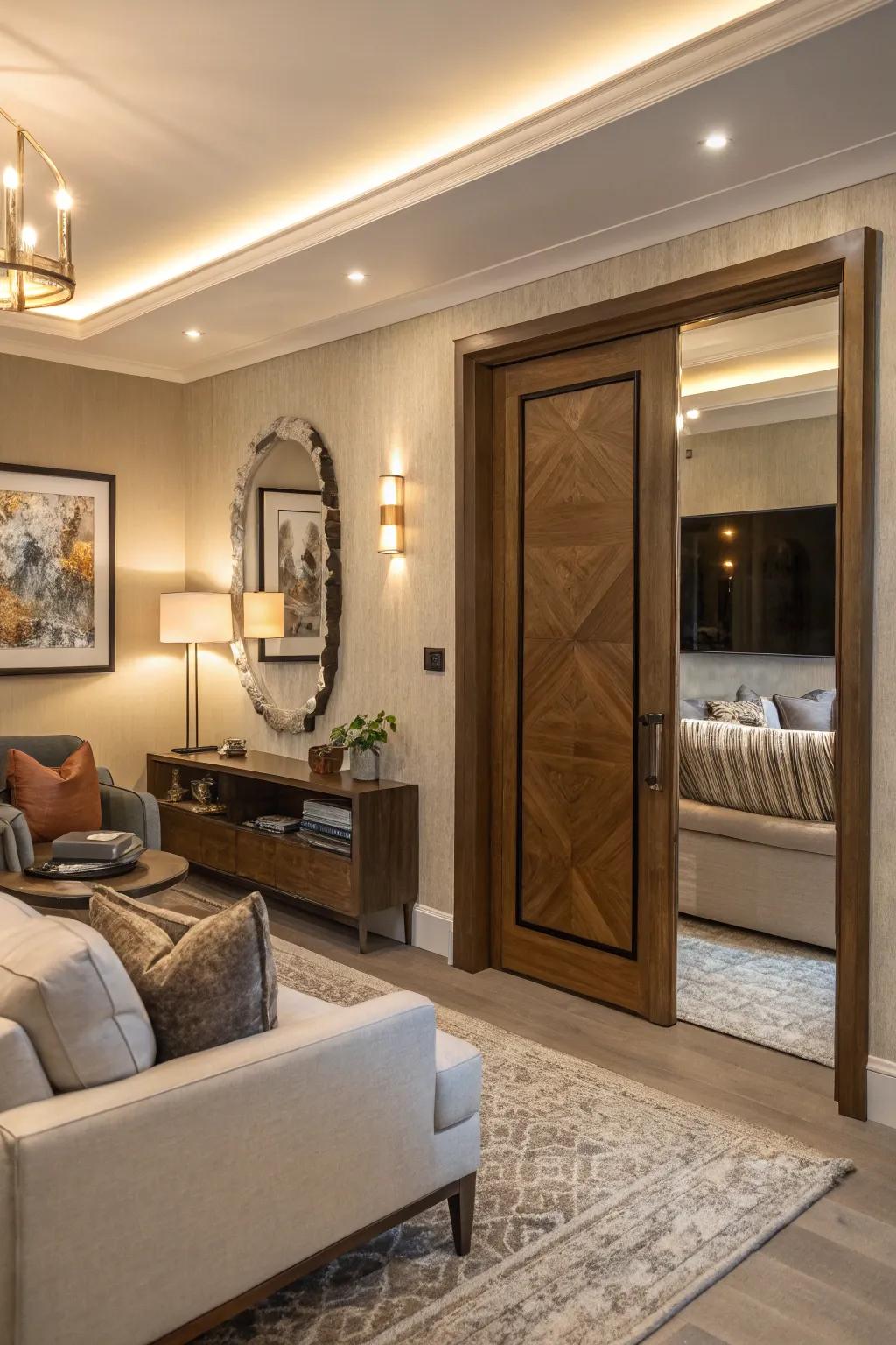 A hidden mirror door maintains entryways discreet and elegant.