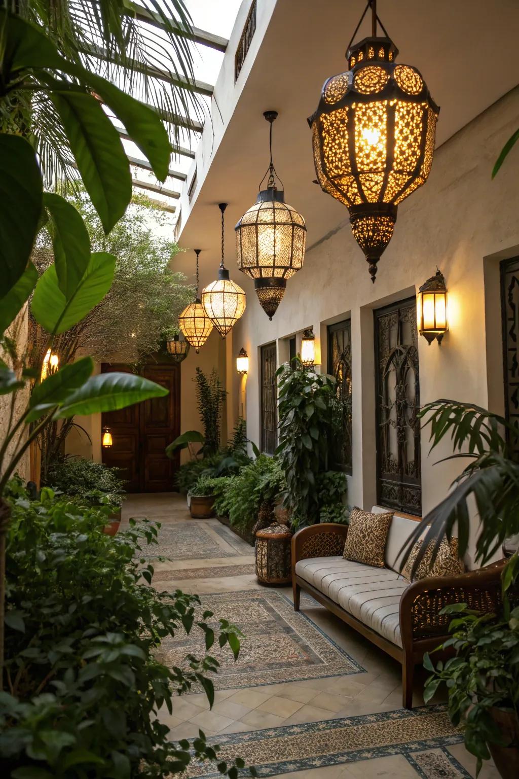 Hanging lamps adding warmth and style to a sun court.