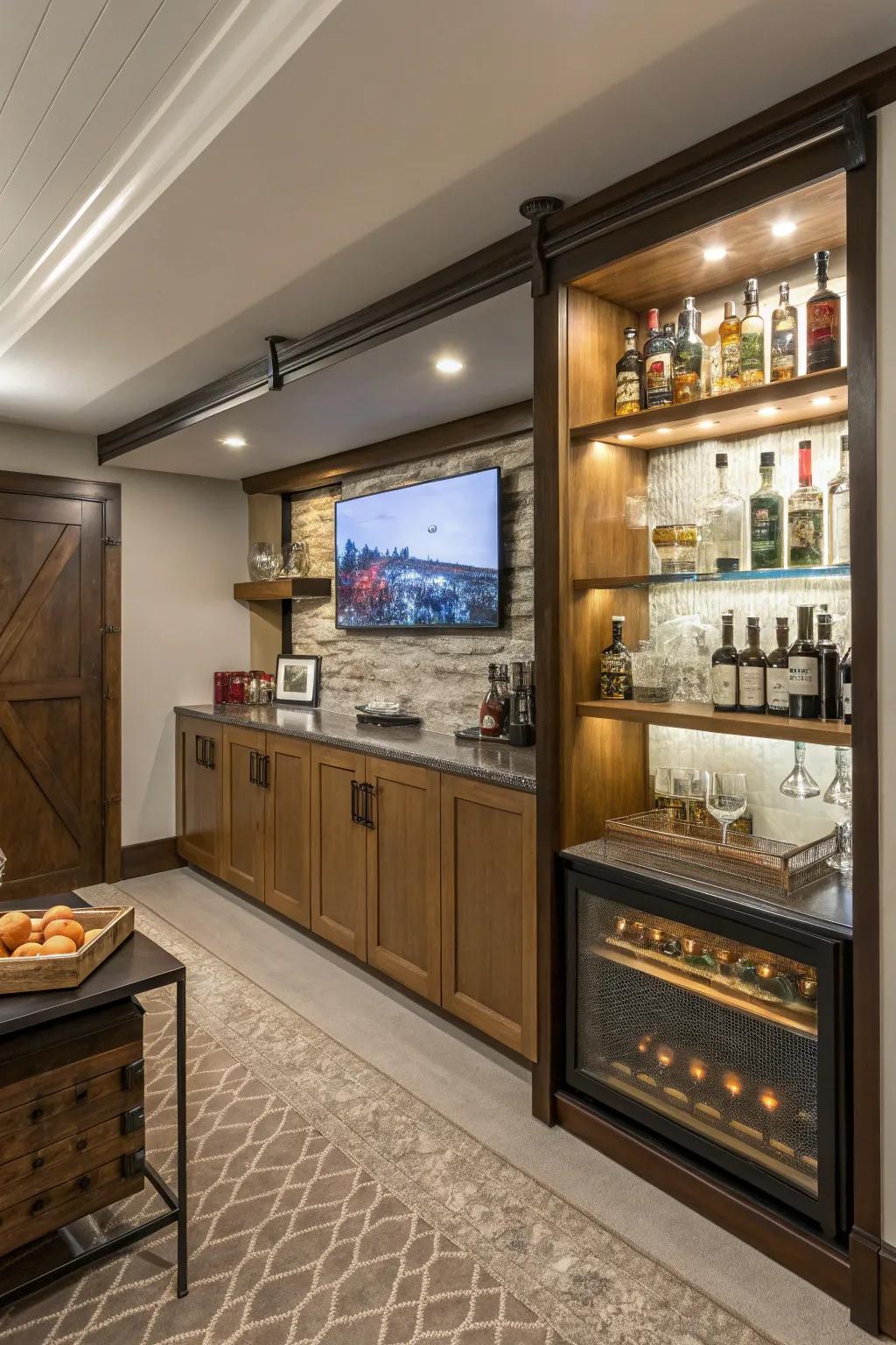 A concealed TV introduces a surprise aspect to your bar.