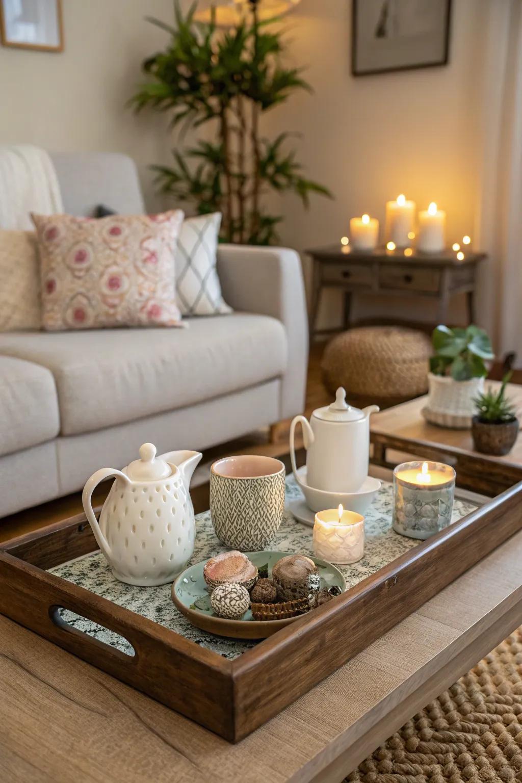 A practical coffee table adorned with a stylish decorative tray.