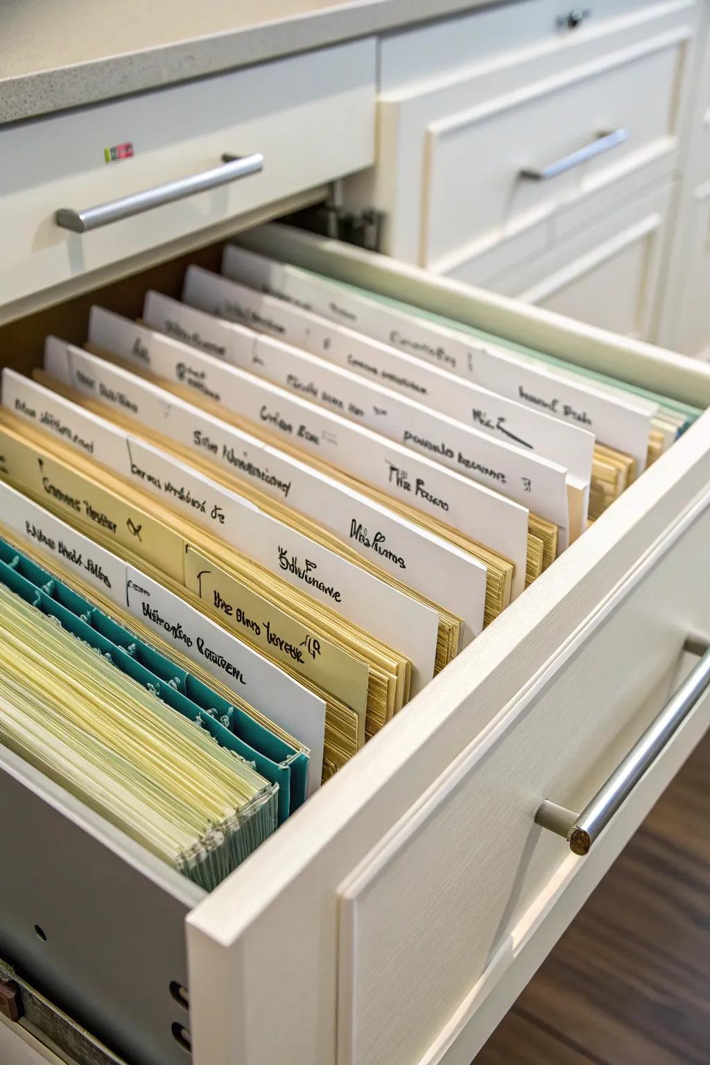 Hanging folders provide an orderly method for keeping papers in check.