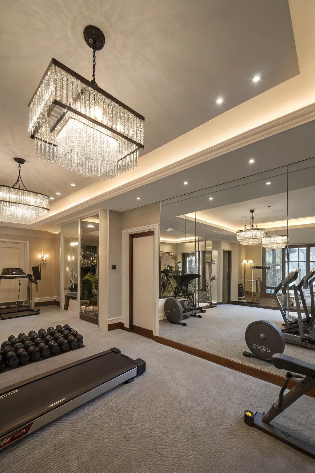 Modern lighting emphasizes mirrors and adds elegance.