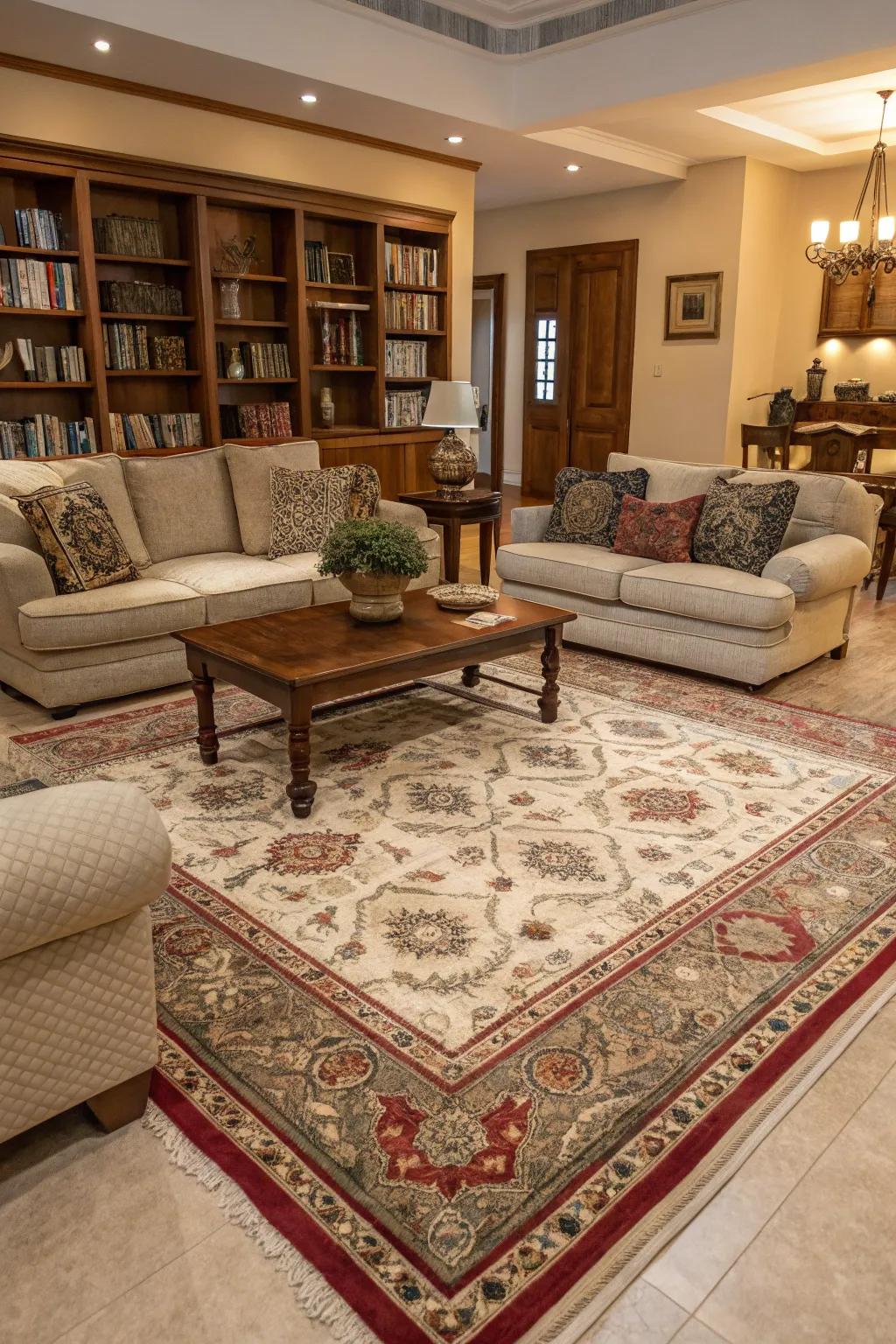 A floor covering fashions a snug and delineated seating zone.
