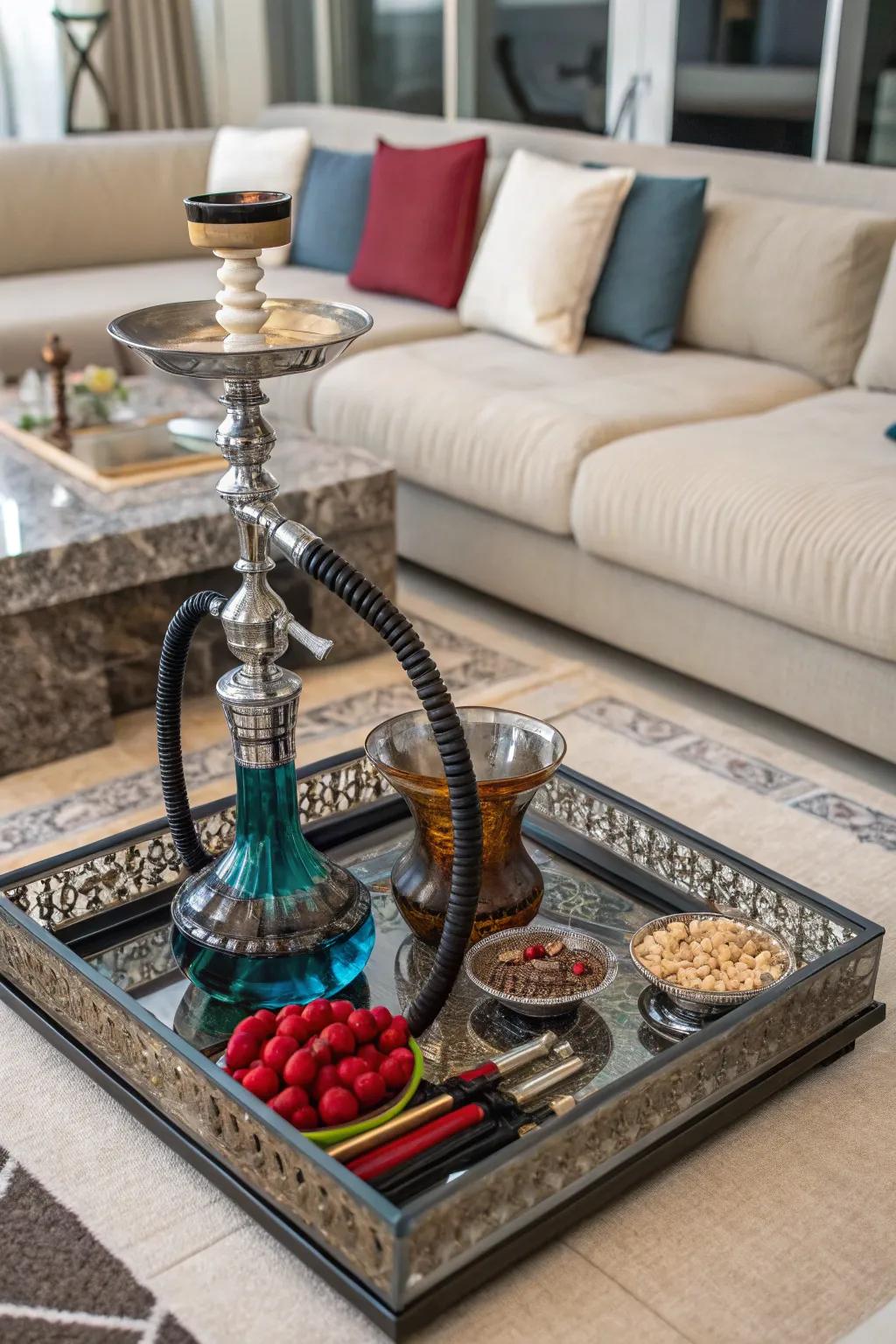 A decorative tray offers a chic spot for small smoking items.