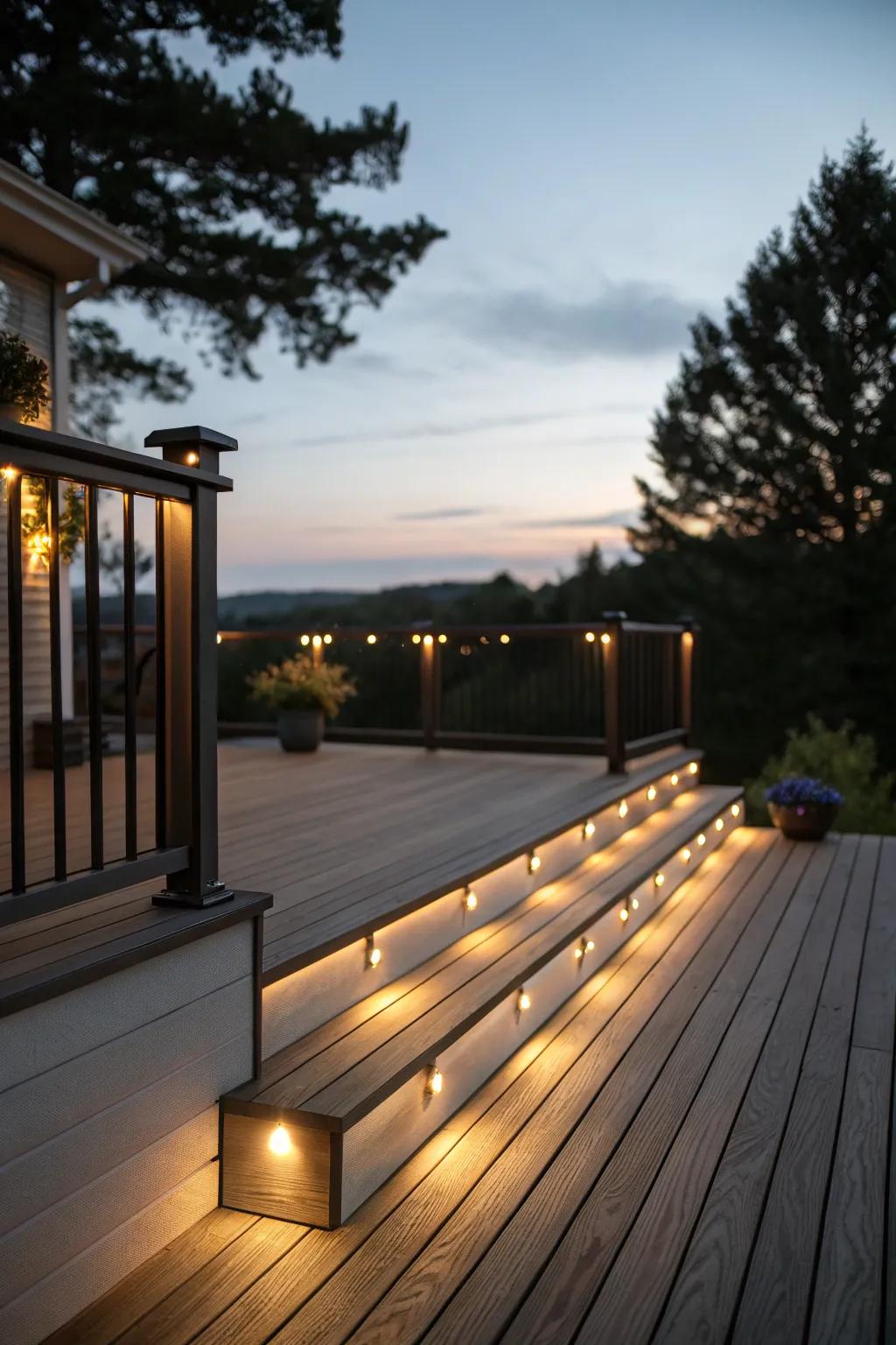 Integrated illumination enriches the deck with warmth and ambiance.