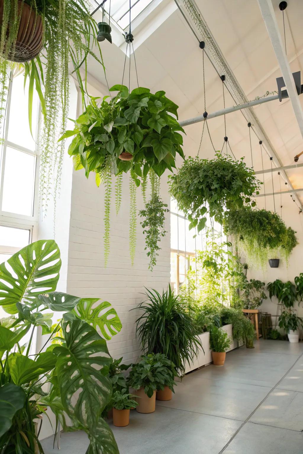 Dangled plants lending a vibrant, airy atmosphere to the setting.