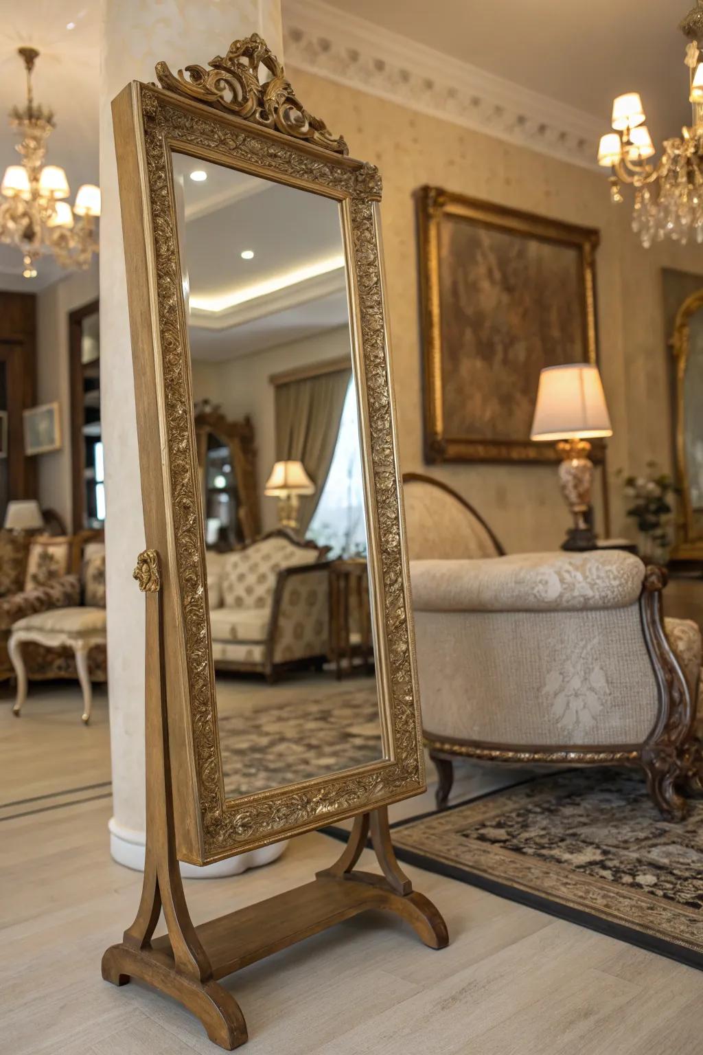Vintage mirrors transport eternal sophistication to modern settings.