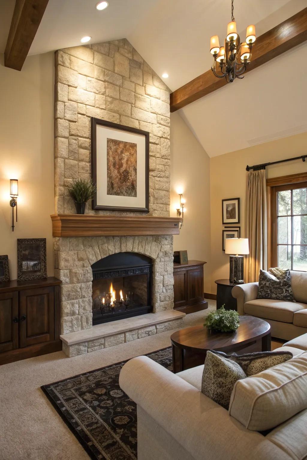 A lounge where a classic hearth takes center stage.