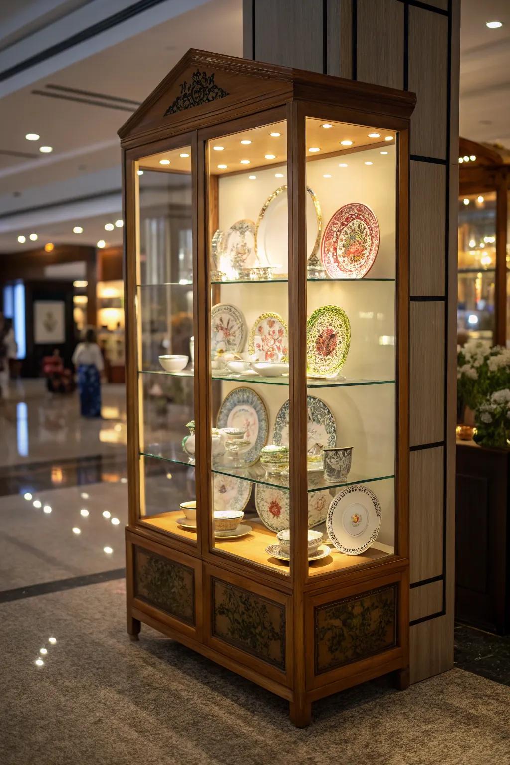 A lit presentation cabinet beautifully illuminating a compilation of dishware.